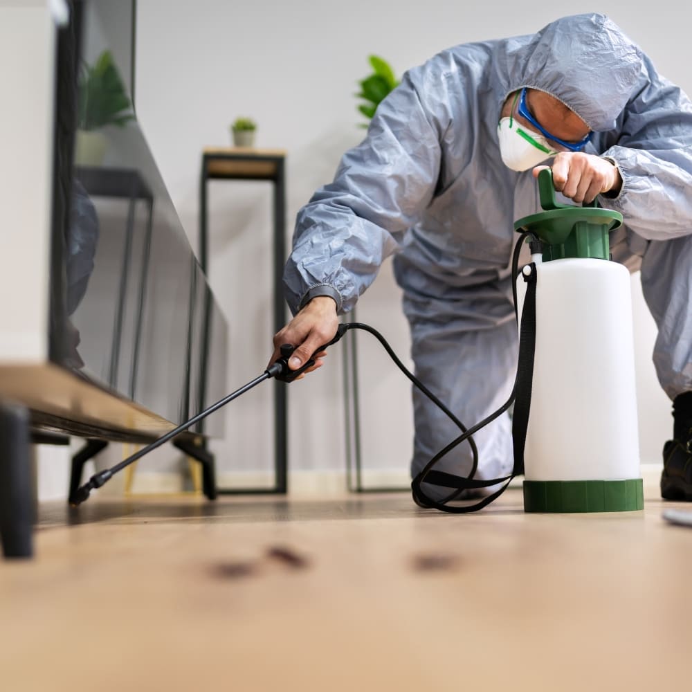 Technician fogging outside a home